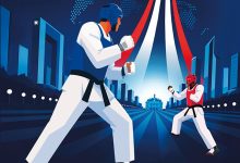 İki sporcu, Para Taekwondo müsabakasında karşı karşıya duruyor. Sporcular koruyucu başlık ve göğüs koruyucusu giyiyor; biri mavi, diğeri kırmızı renkte. Hareket hâlindeki duruşları, müsabakanın dinamizmini ve rekabet enerjisini yansıtıyor. Arka planda stilize bir şehir silueti ve kırmızı–beyaz–mavi ışık efektleri bulunuyor. Genel atmosfer; güç, odaklanma, mücadele ve ulusal gurur hissi veriyor.